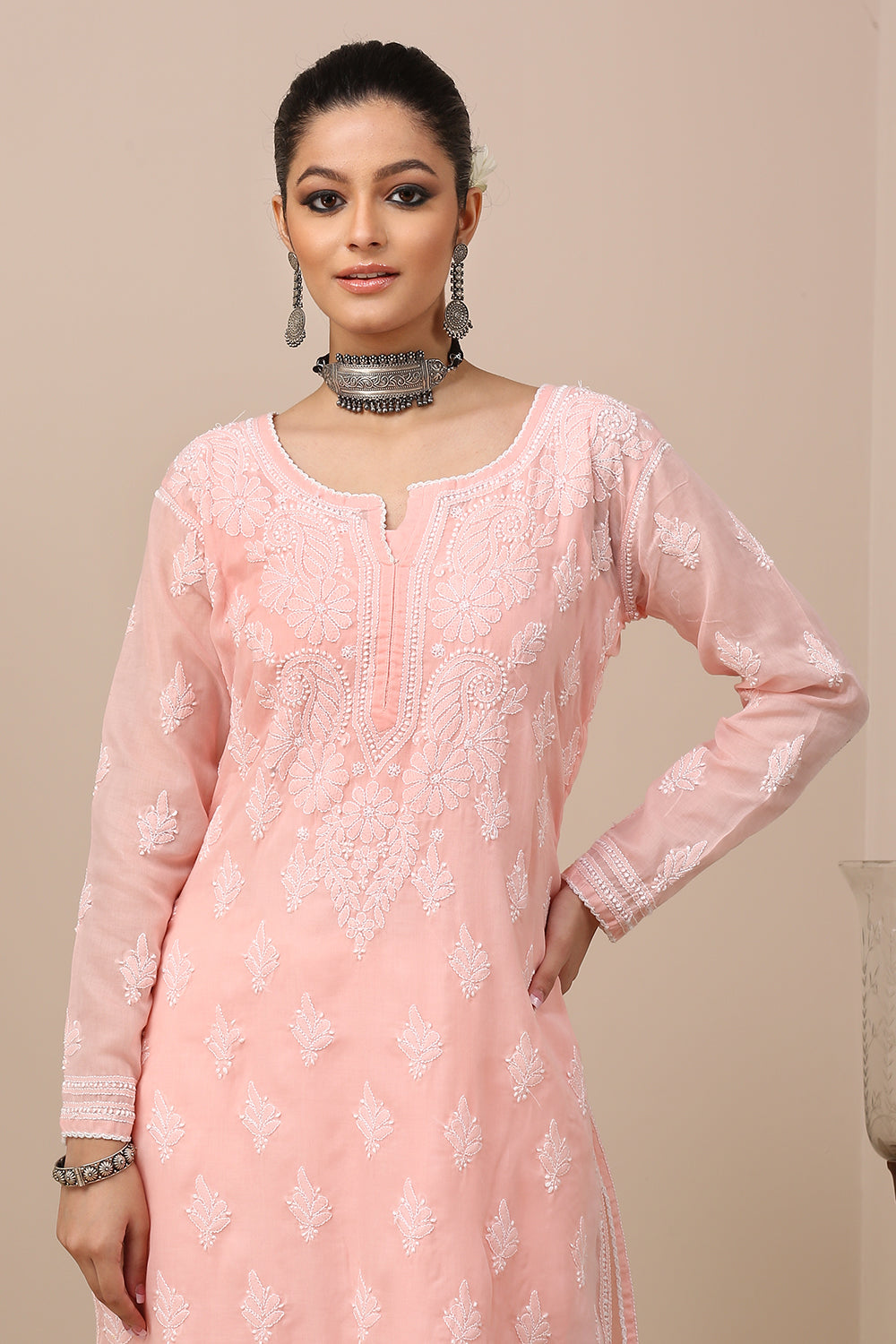 Peach Chikankari Mul Cotton Designer Kurta with Slip - Set of 2
