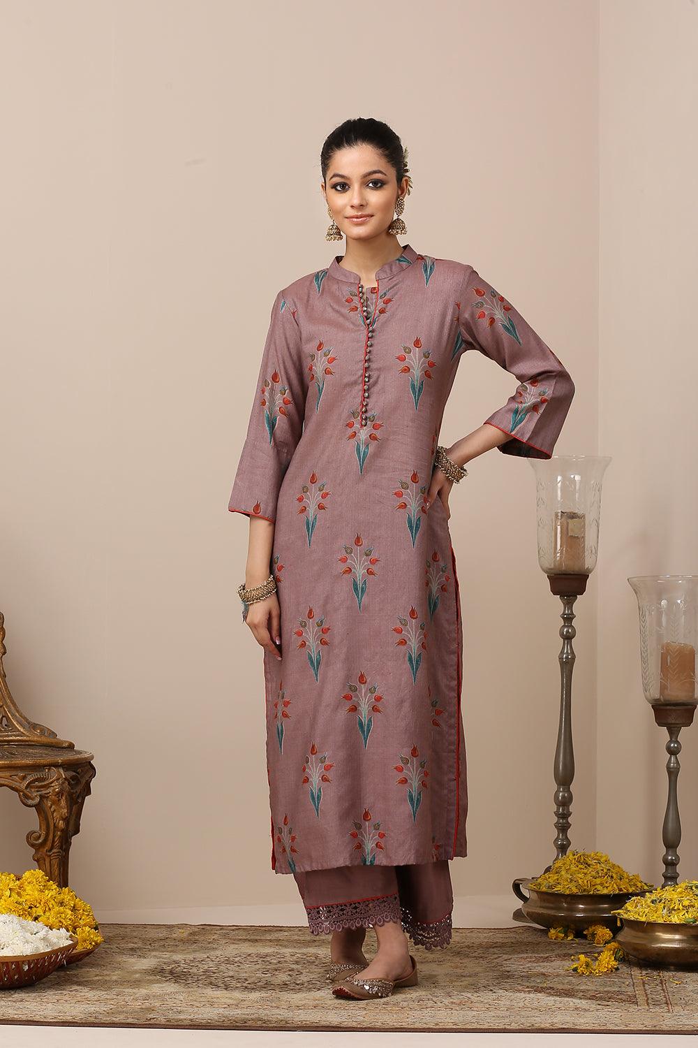 Mauve Tussar Silk Kurta Set