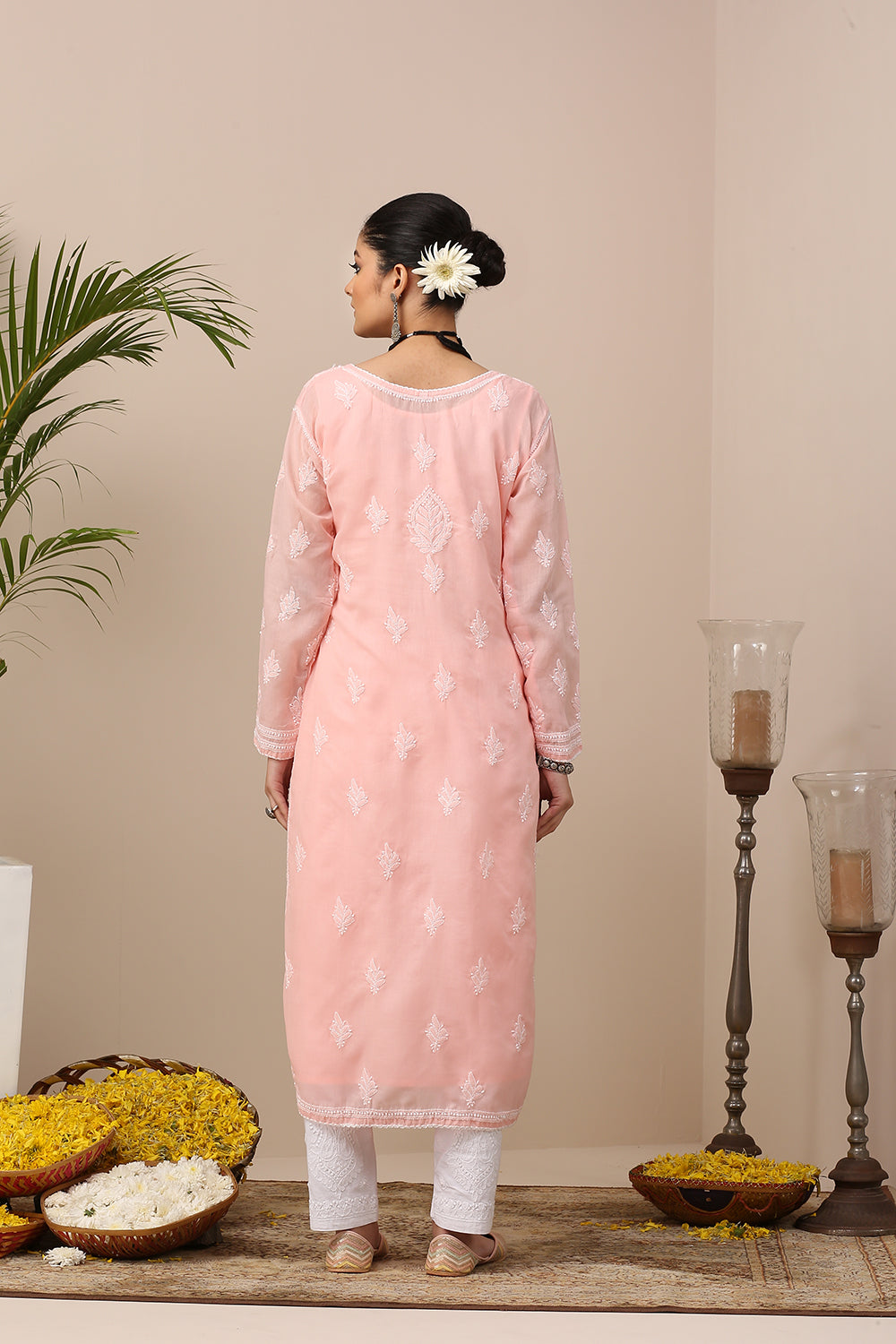 Peach Chikankari Mul Cotton Designer Kurta with Slip - Set of 2