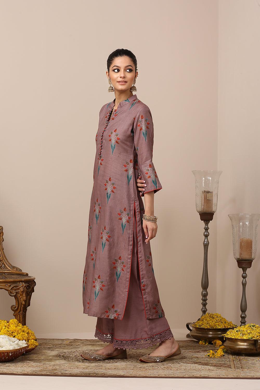 Mauve Tussar Silk Kurta Set