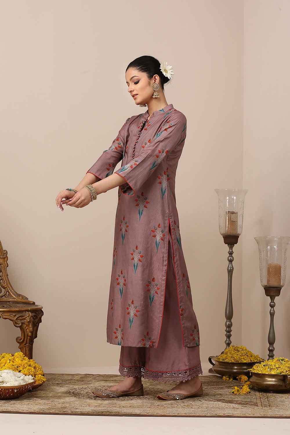 Mauve Tussar Silk Kurta Set