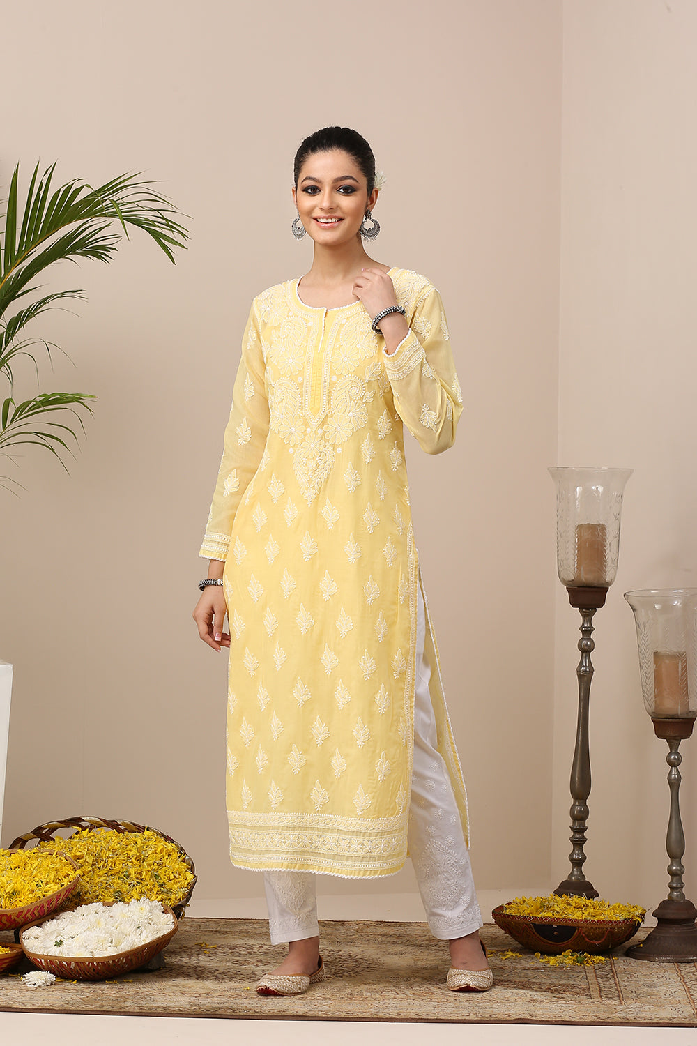 Yellow Chikankari Mul Cotton Designer Kurta with Slip - Set of 2