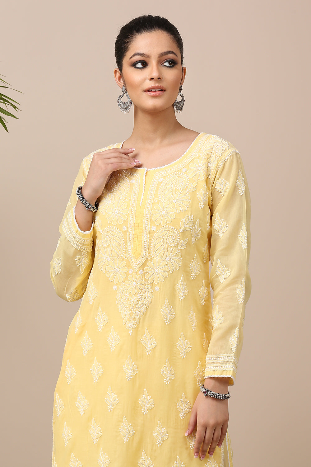 Yellow Chikankari Mul Cotton Designer Kurta with Slip - Set of 2