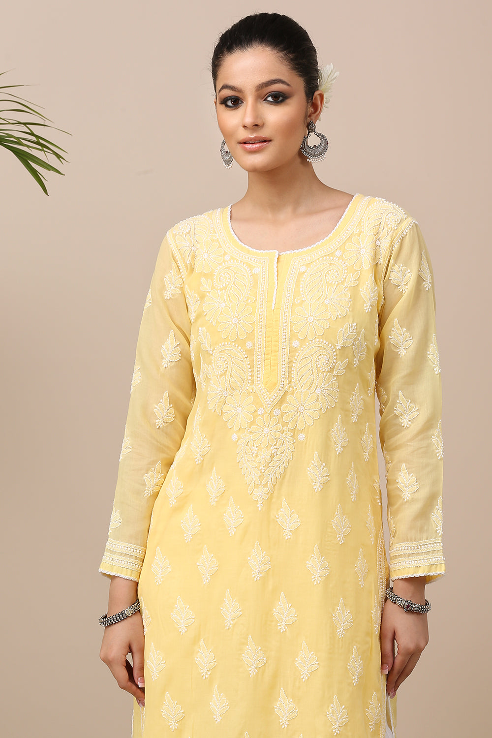 Yellow Chikankari Mul Cotton Designer Kurta with Slip - Set of 2