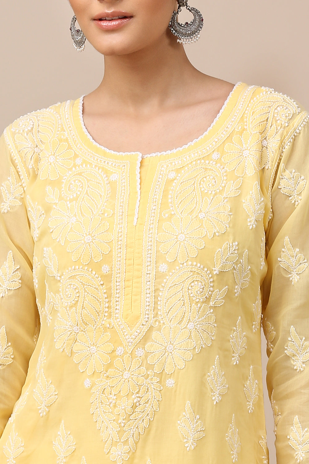 Yellow Chikankari Mul Cotton Designer Kurta with Slip - Set of 2