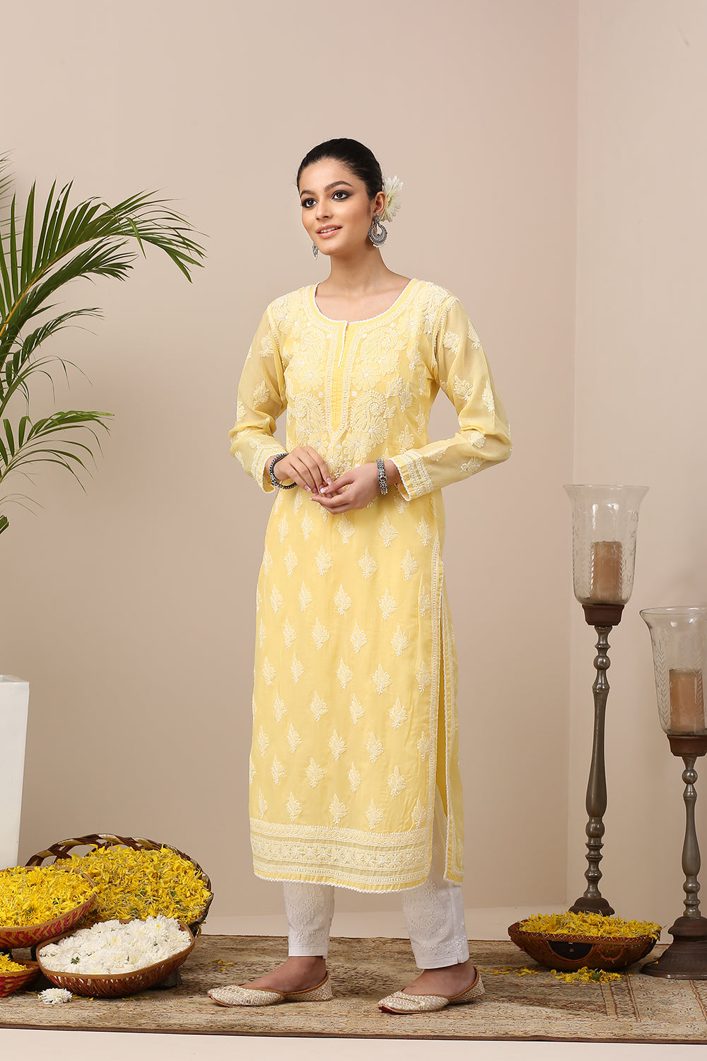 Yellow Chikankari Mul Cotton Designer Kurta with Slip - Set of 2