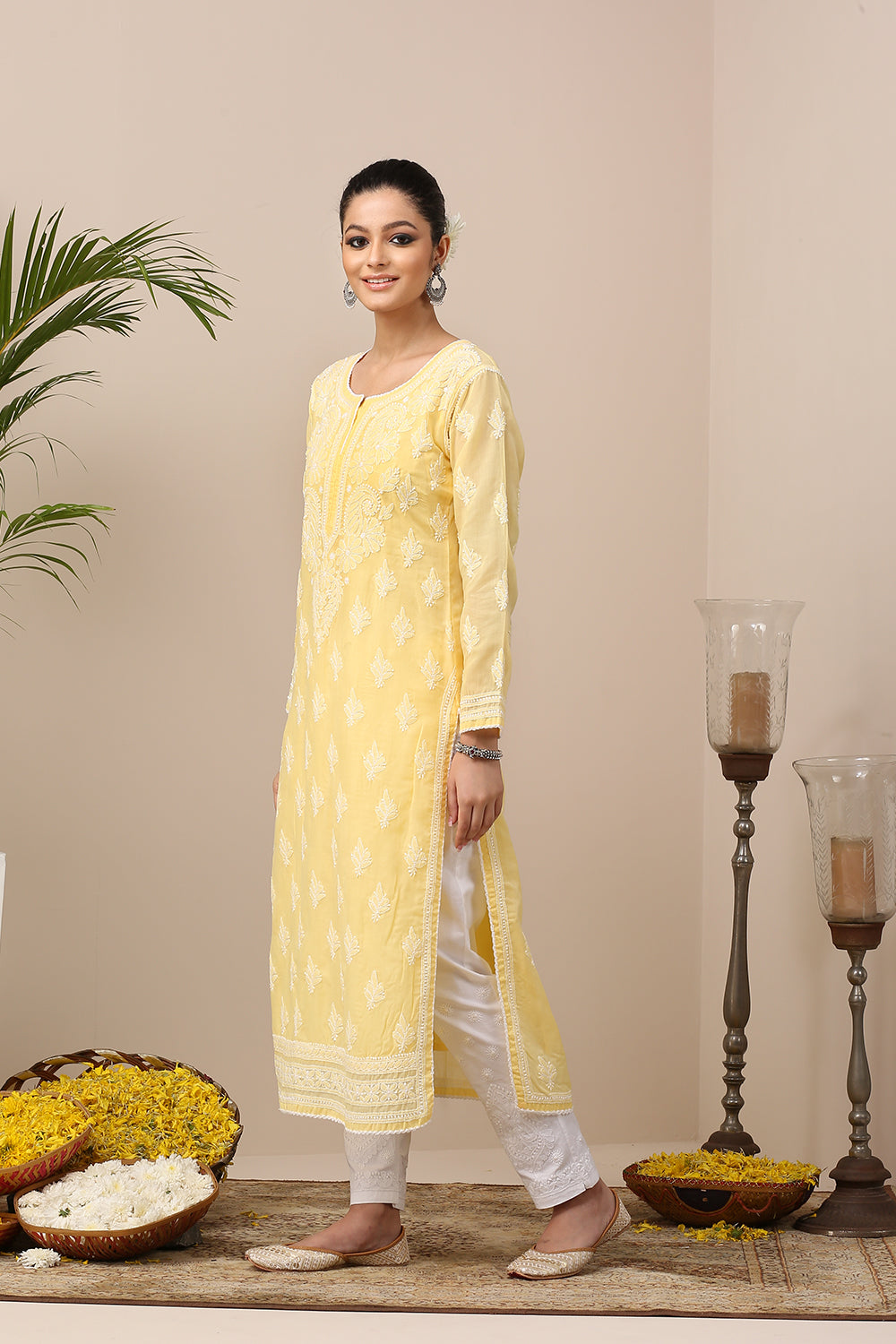 Yellow Chikankari Mul Cotton Designer Kurta with Slip - Set of 2