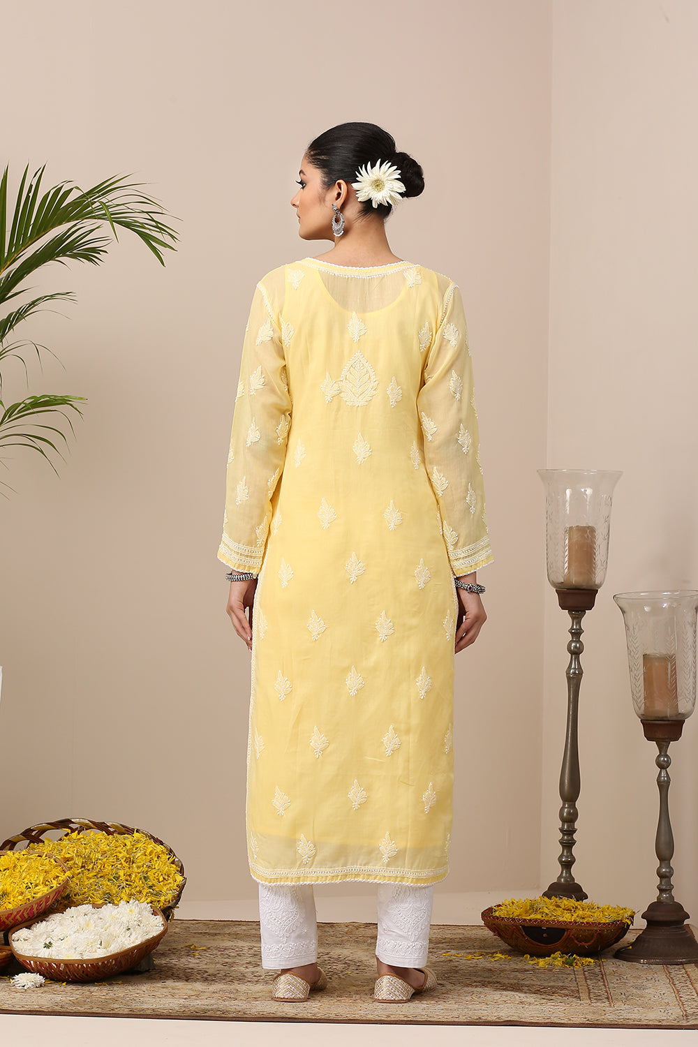Yellow Chikankari Mul Cotton Designer Kurta with Slip - Set of 2