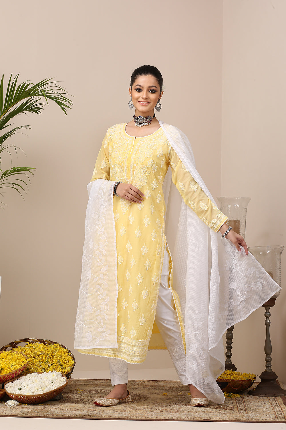 Yellow Chikankari Mul Cotton Designer Kurta with Slip - Set of 2