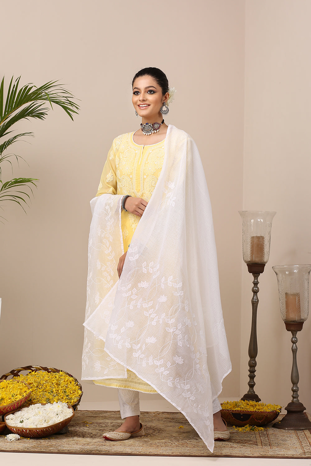 Yellow Chikankari Mul Cotton Designer Kurta with Slip - Set of 2