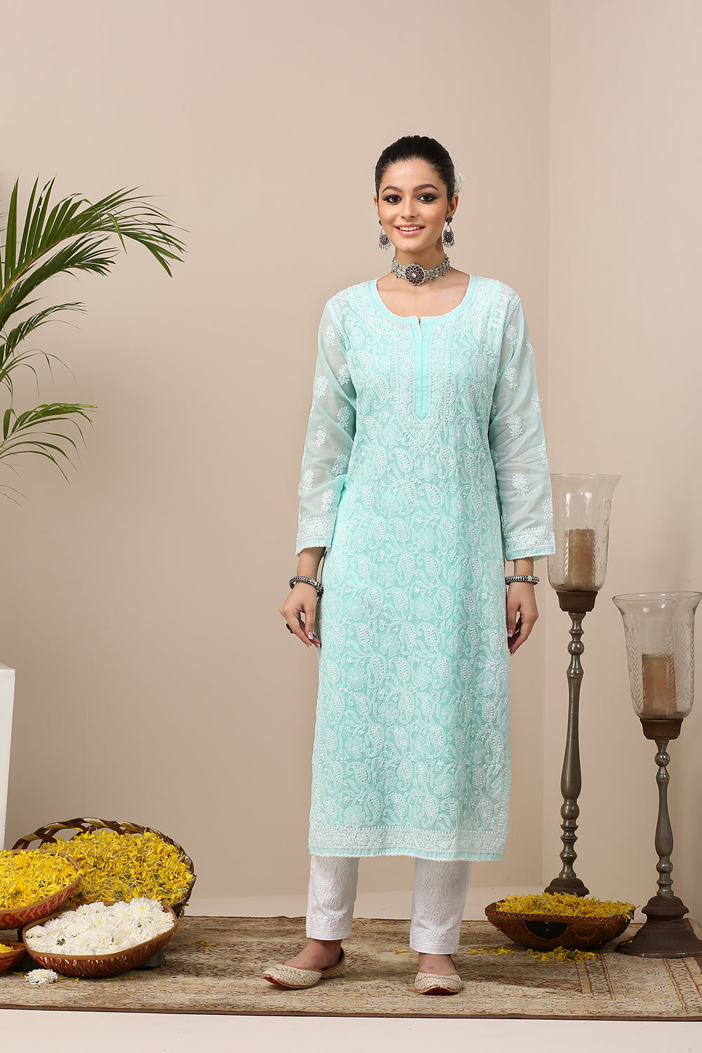 Teal Blue Chikankari Mul Cotton Designer Kurta with Slip