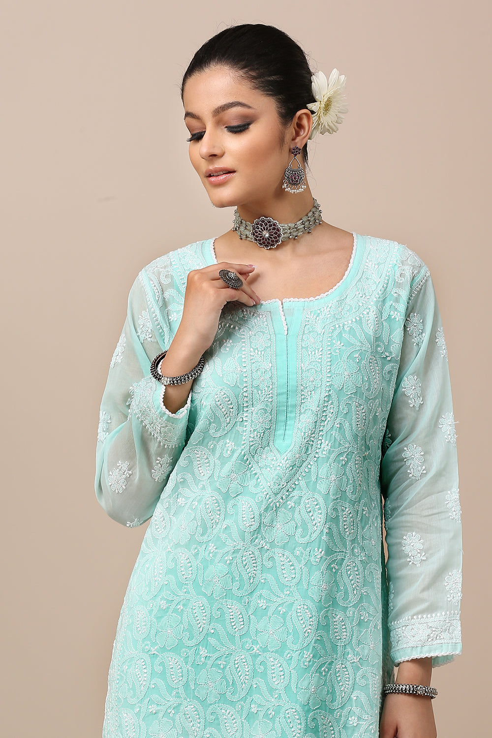 Teal Blue Chikankari Mul Cotton Designer Kurta with Slip