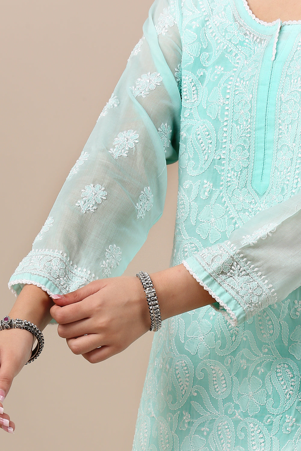 Teal Blue Chikankari Mul Cotton Designer Kurta with Slip