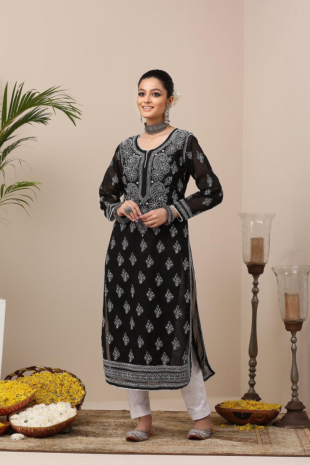 Black Chikankari Mul Cotton Designer Kurta with Slip - Set of 2