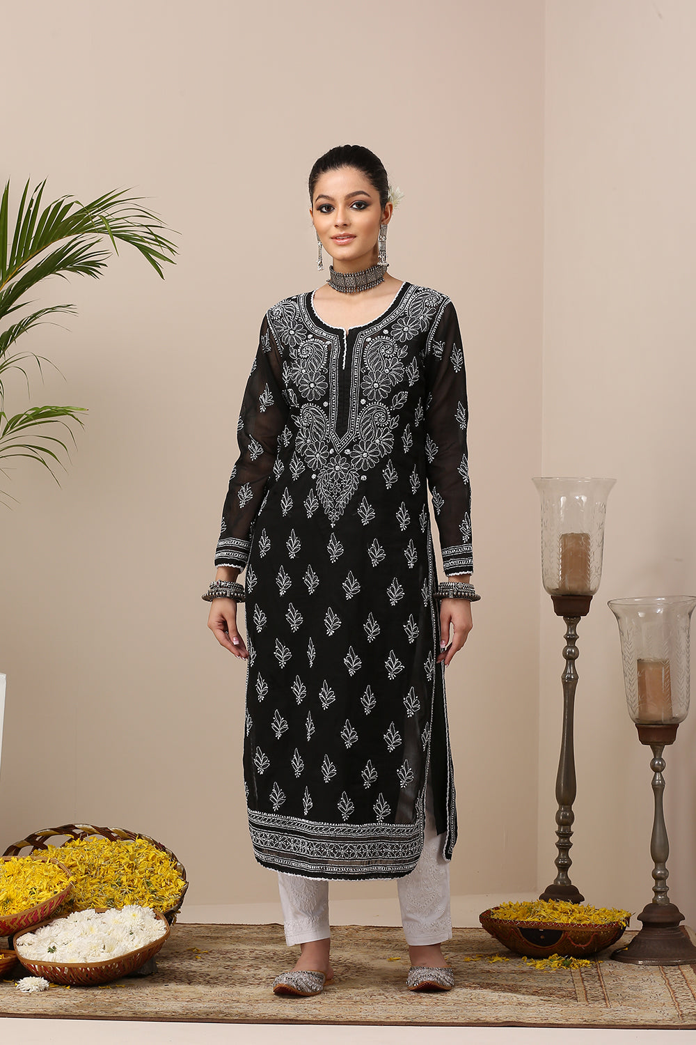 Black Chikankari Mul Cotton Designer Kurta with Slip - Set of 2