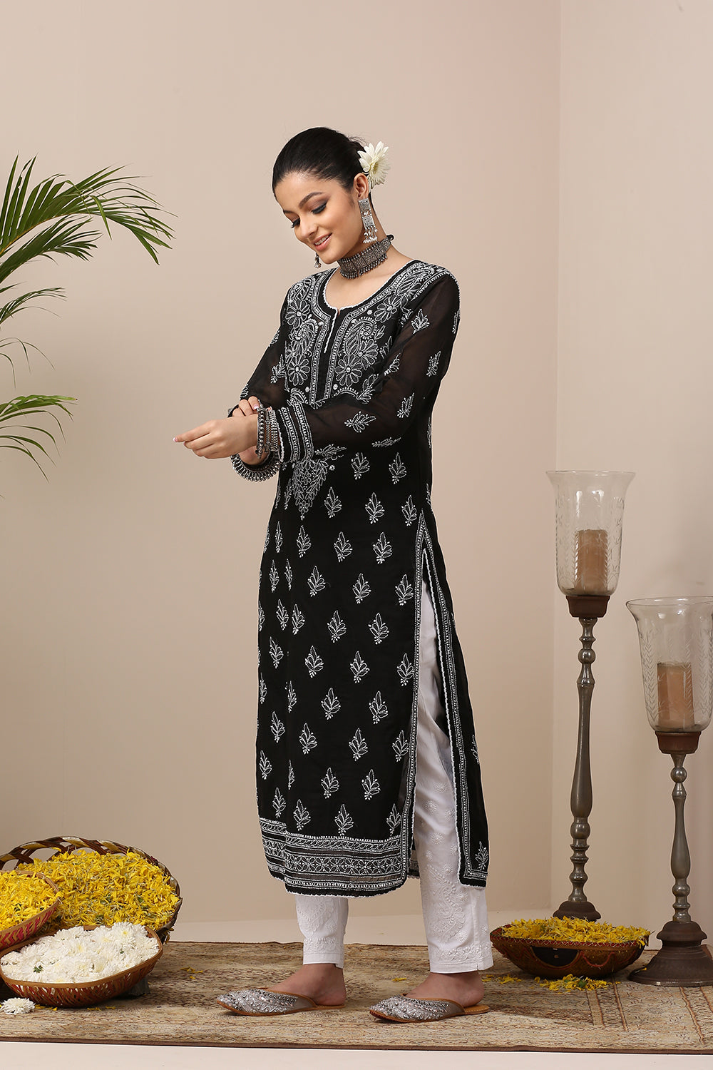 Black Chikankari Mul Cotton Designer Kurta with Slip - Set of 2
