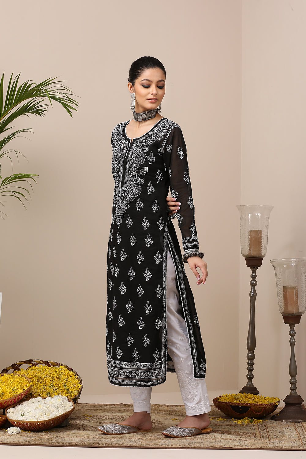 Black Chikankari Mul Cotton Designer Kurta with Slip - Set of 2