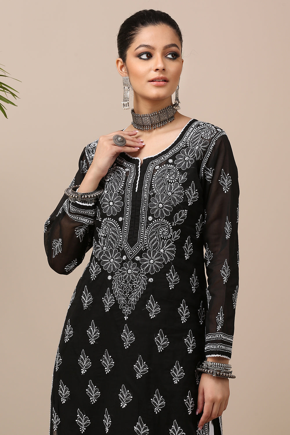 Black Chikankari Mul Cotton Designer Kurta with Slip - Set of 2