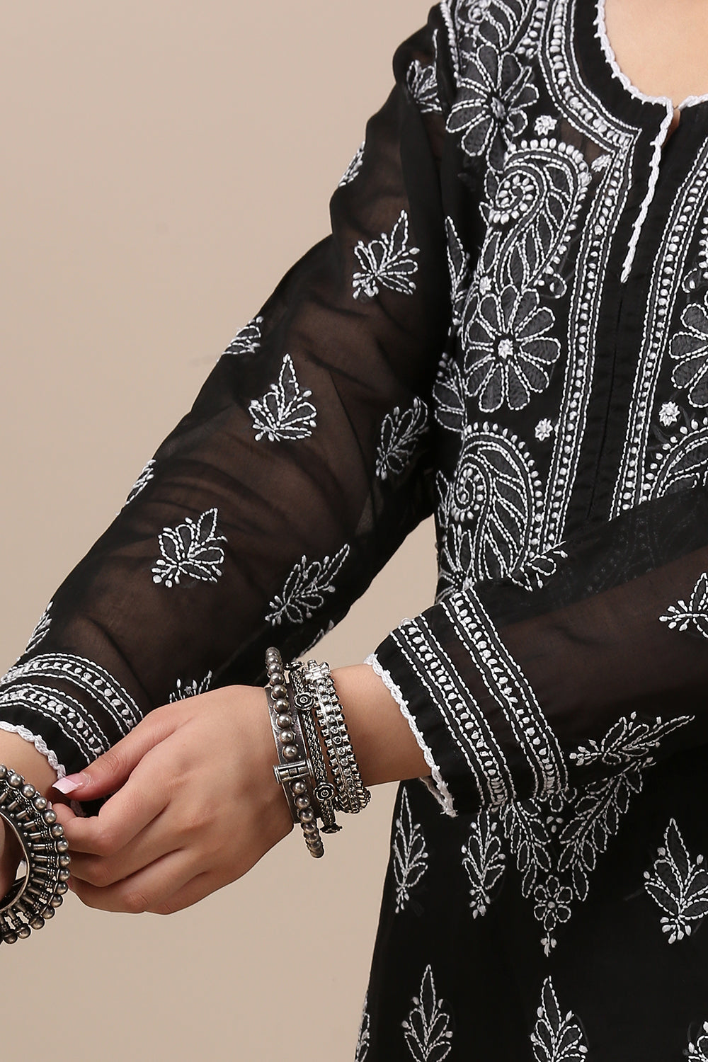 Black Chikankari Mul Cotton Designer Kurta with Slip - Set of 2