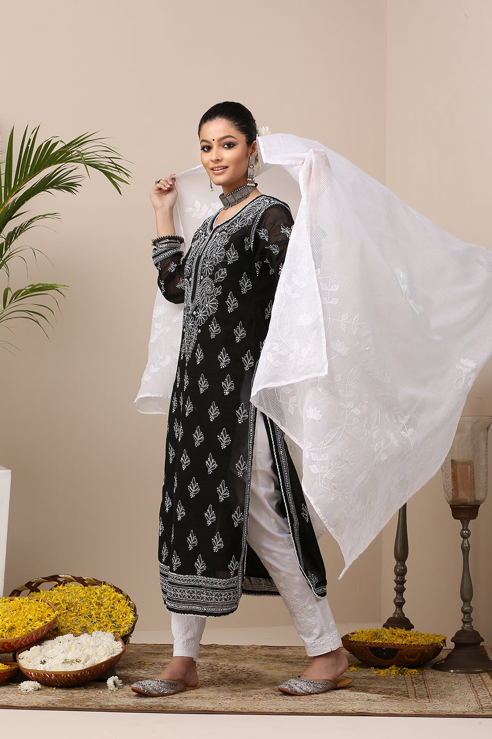 Black Chikankari Mul Cotton Designer Kurta with Slip - Set of 2