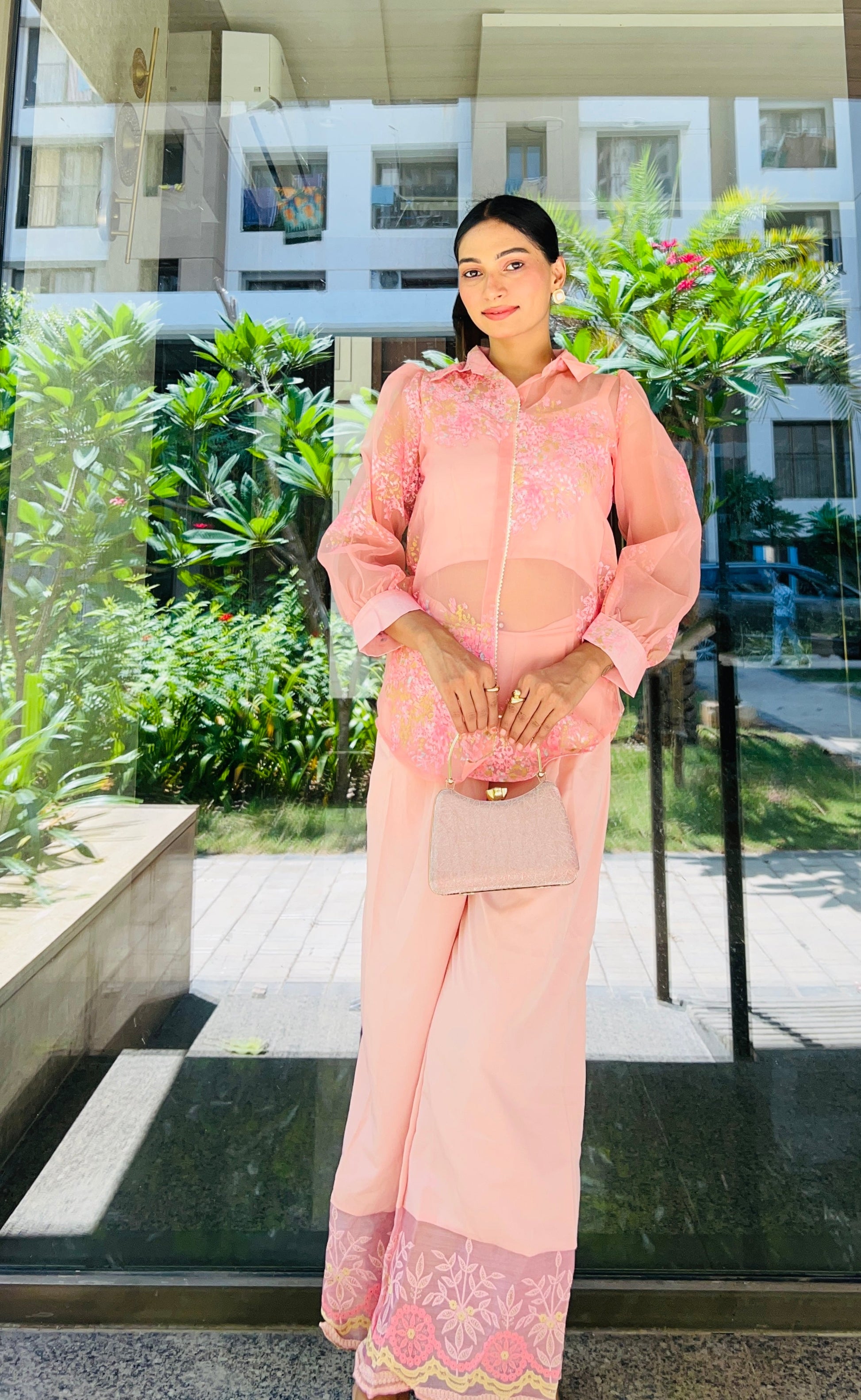 Pink Shoulder Straps Top & Palazzo With Jacket-AH