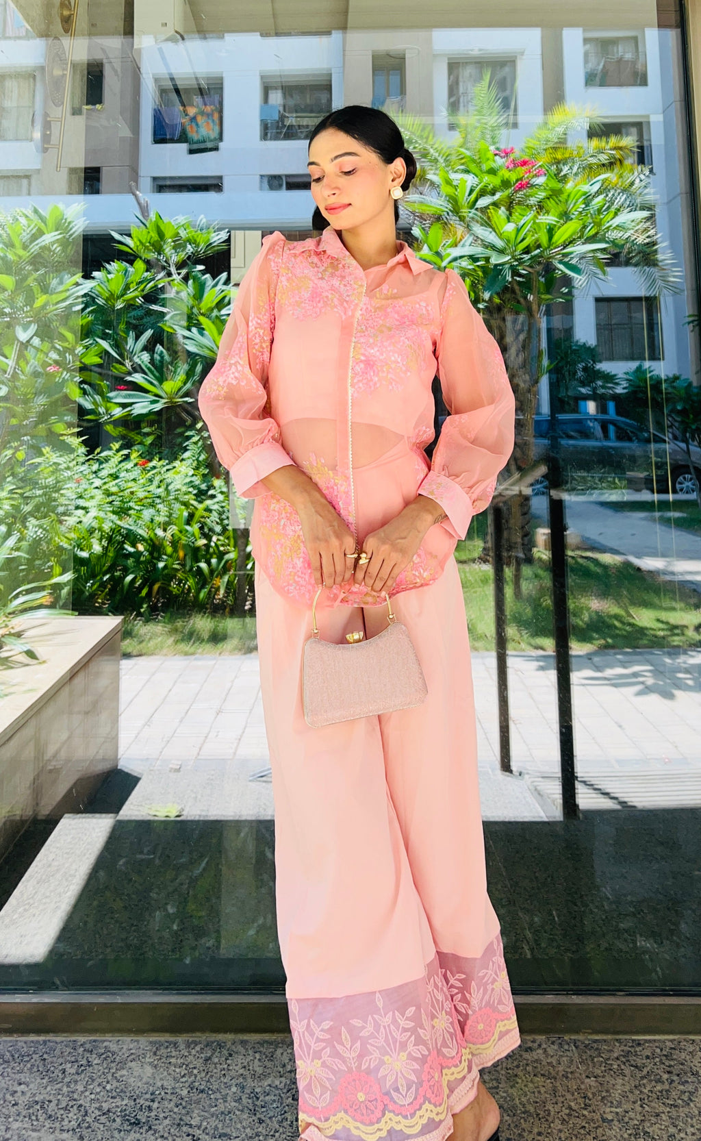 Pink Shoulder Straps Top & Palazzo With Jacket-AH