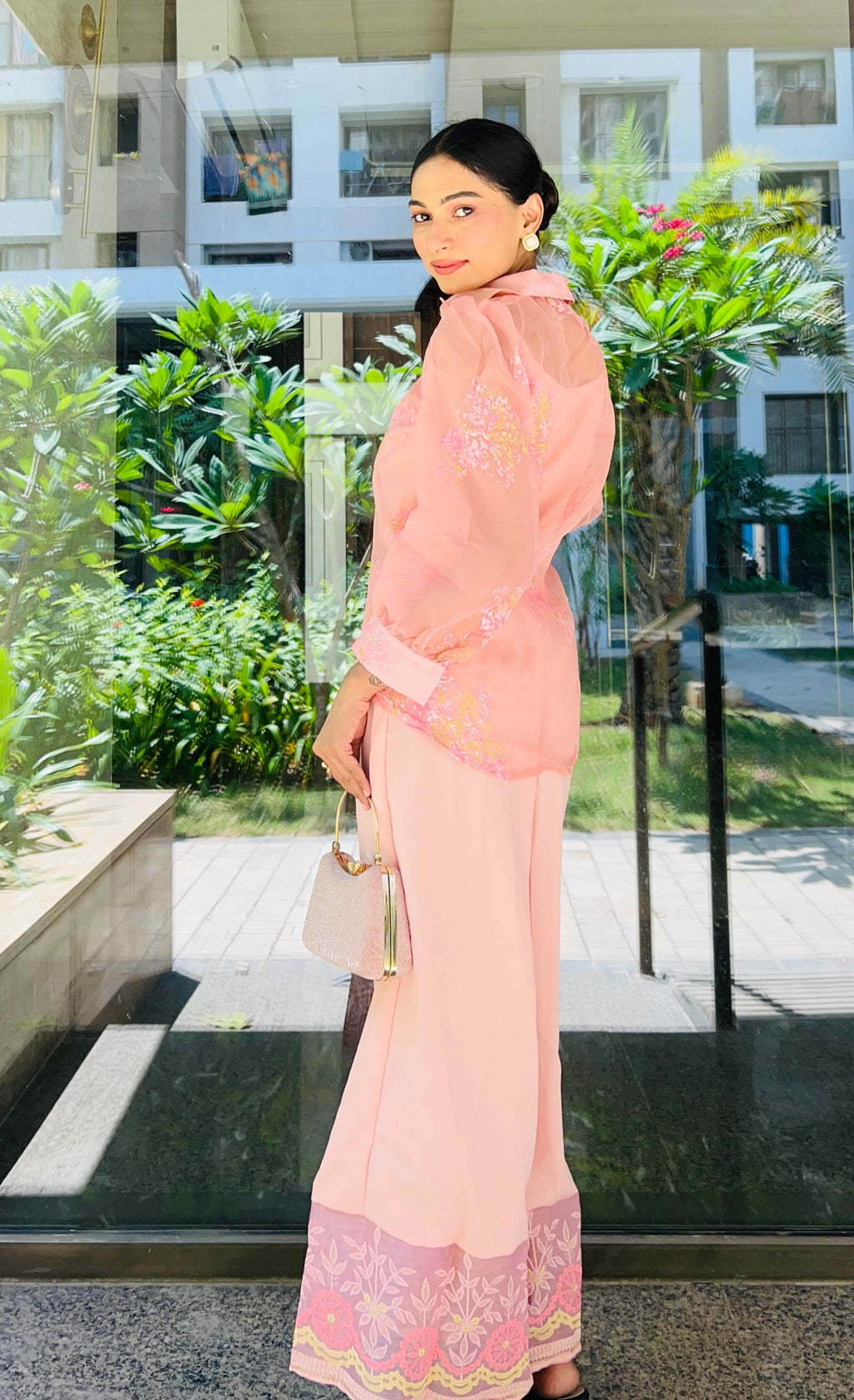 Pink Shoulder Straps Top & Palazzo With Jacket-AH