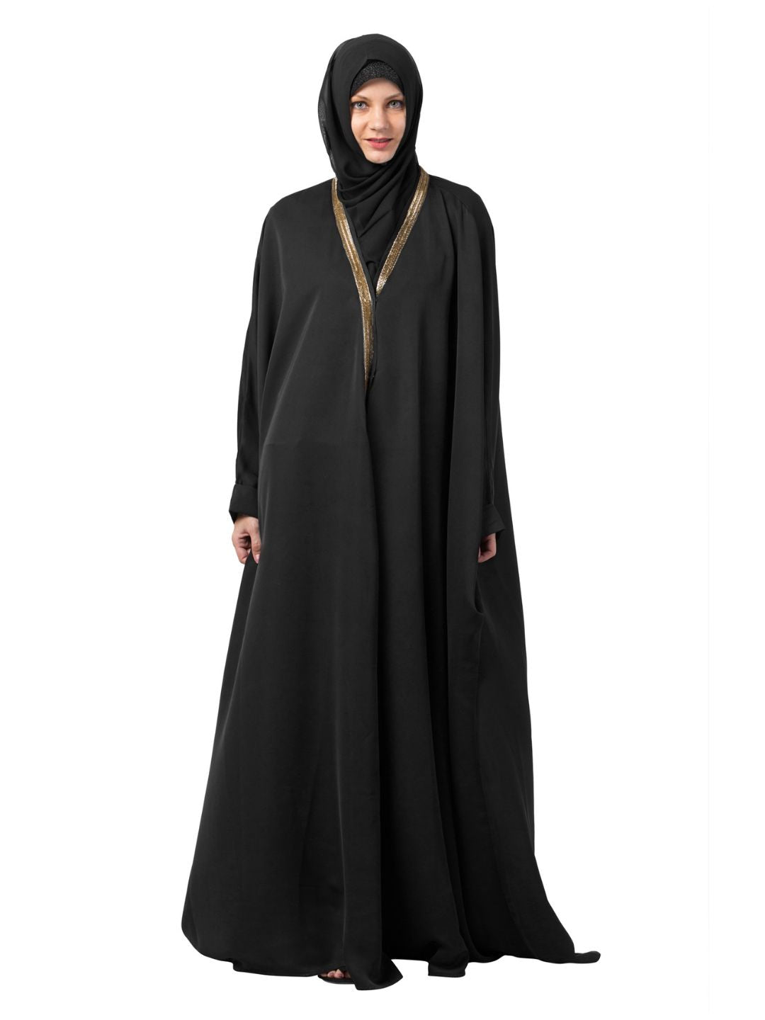 Embellished Gold Lace Abaya Black