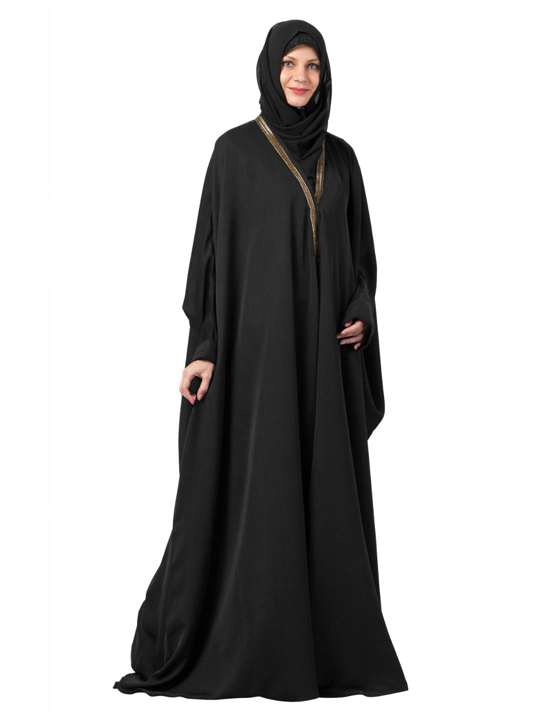 Embellished Gold Lace Abaya Black