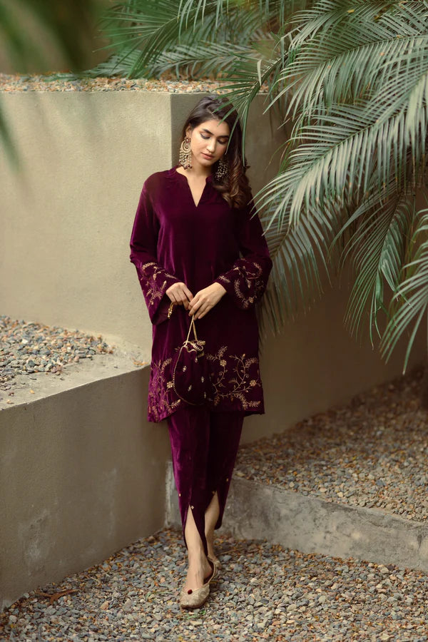 WINE VELVET SUIT WITH TULIP PANTS- II