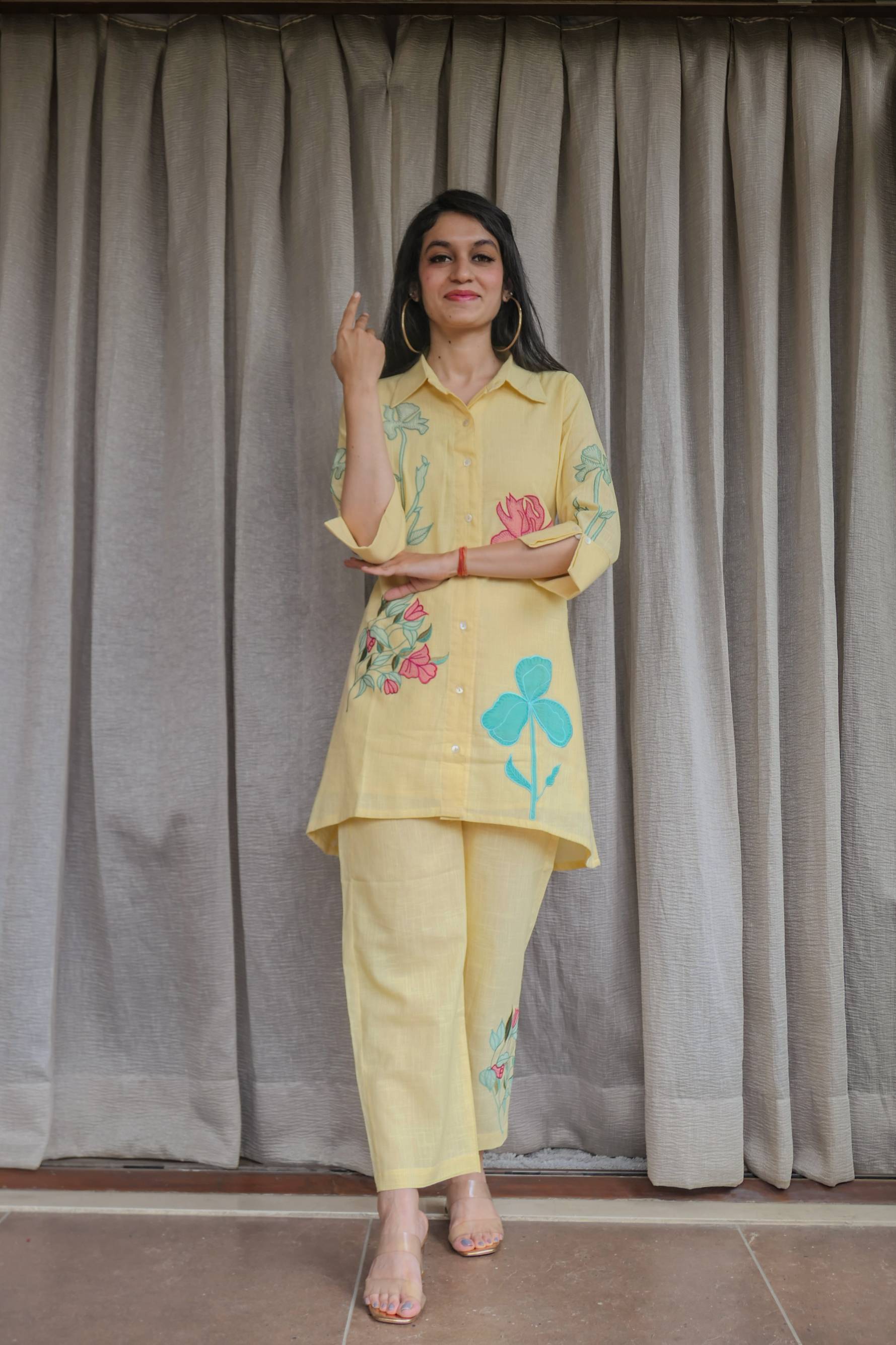 Yellow Cotton Slub Patched Co-ord Set