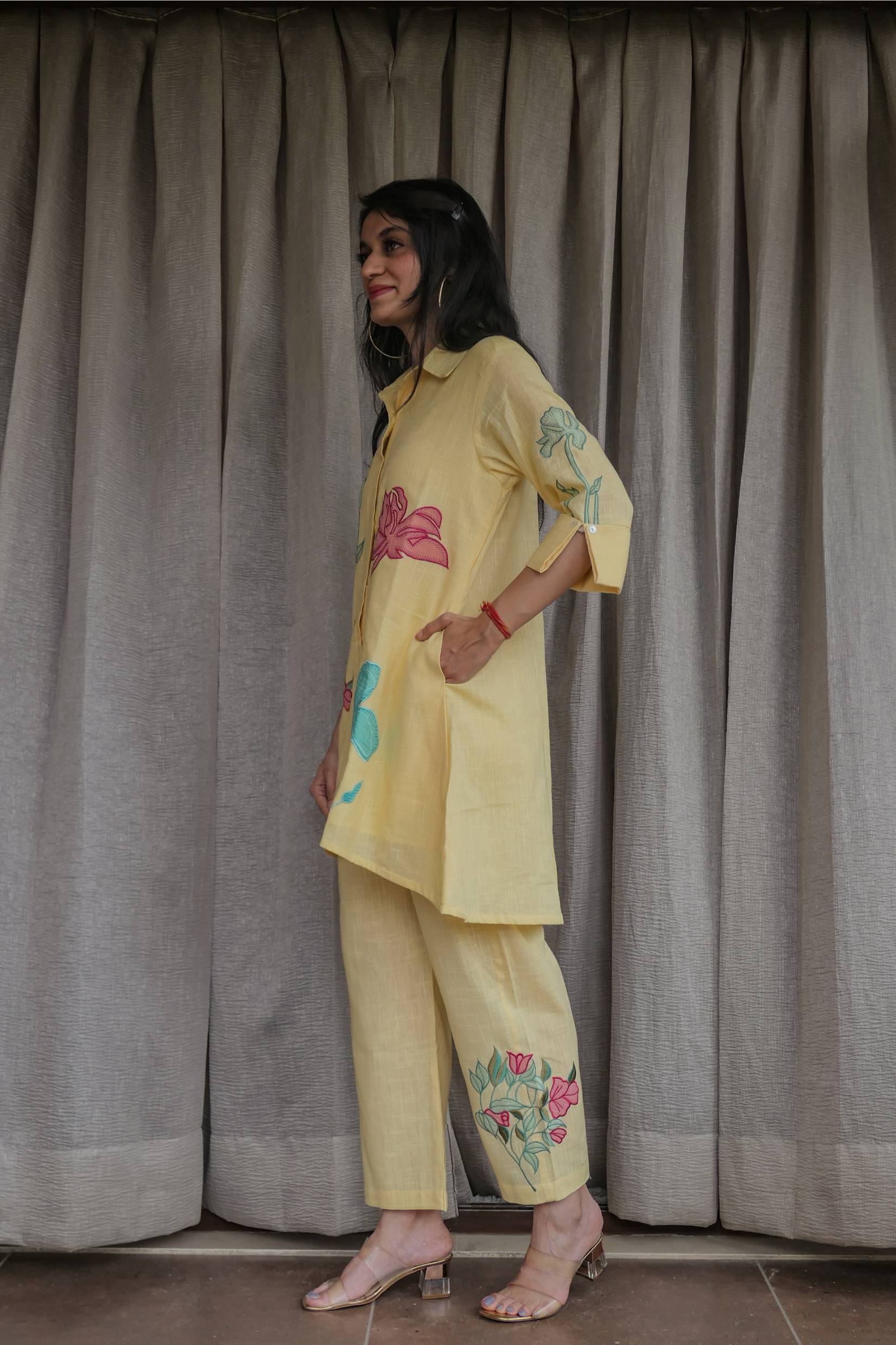 Yellow Cotton Slub Patched Co-ord Set