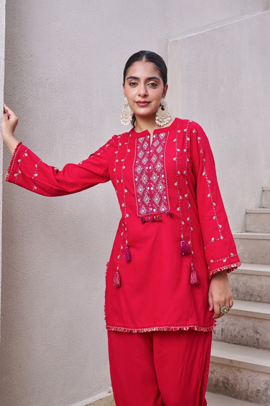 Stravi scarlet embroidery co-ord set