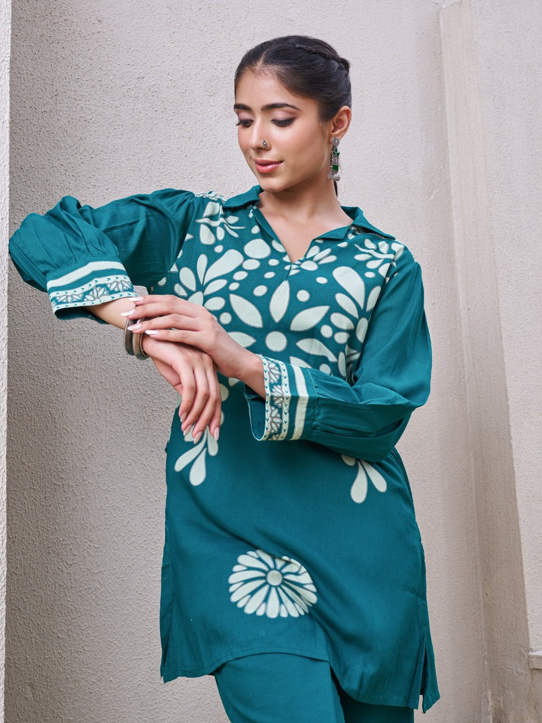 Kabool Teal printed cotton co-ord set-AL