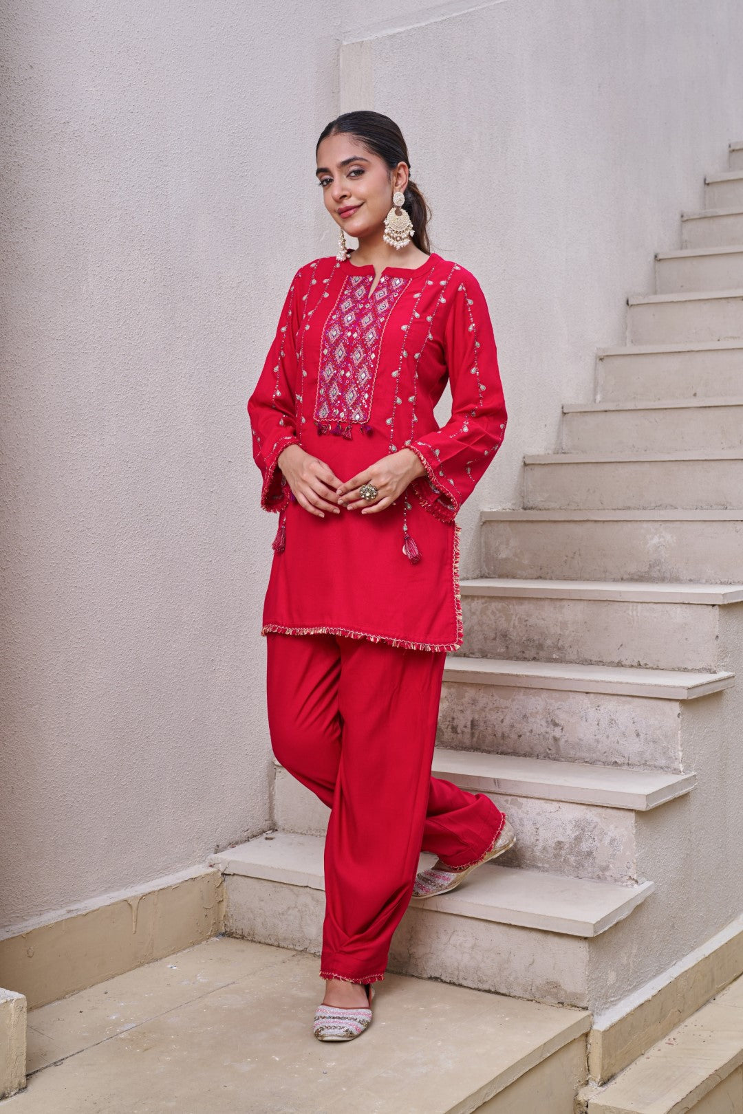 Stravi scarlet embroidery co-ord set
