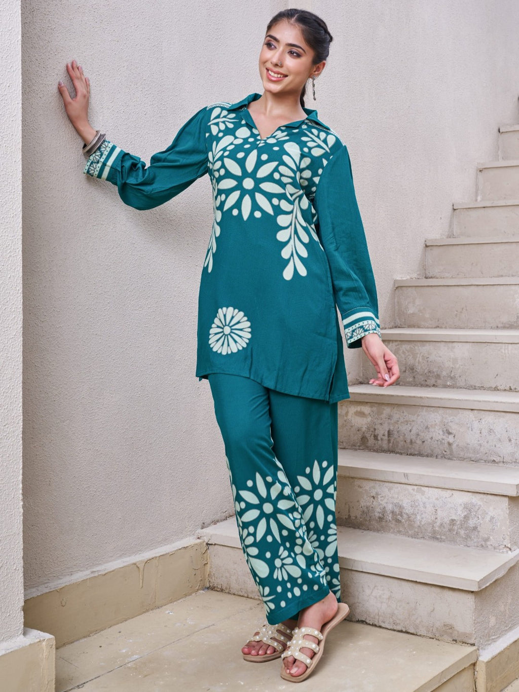 Kabool Teal printed cotton co-ord set-AL