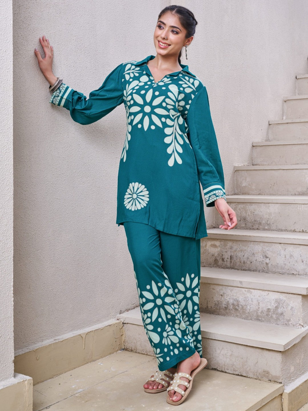 Kabool Teal printed cotton co-ord set-AL