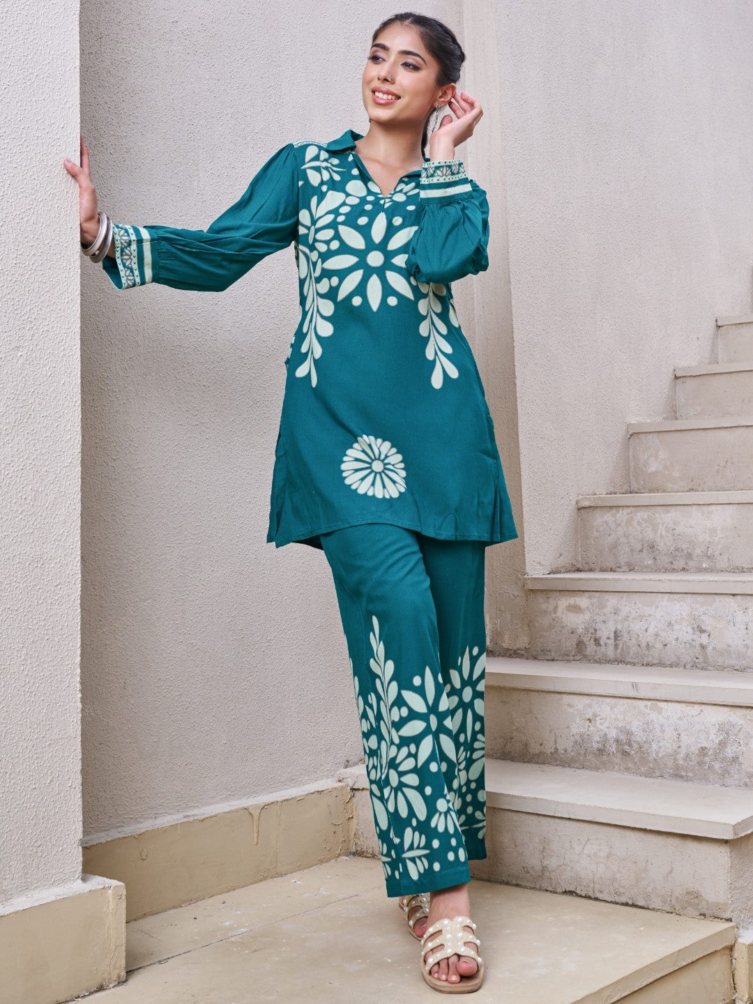 Kabool Teal printed cotton co-ord set-AL