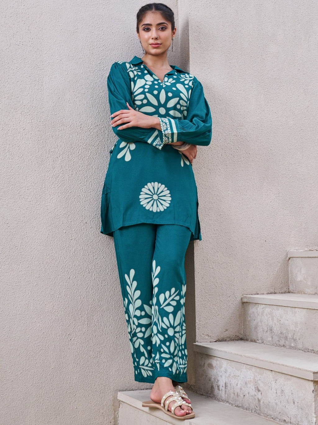 Kabool Teal printed cotton co-ord set-AL