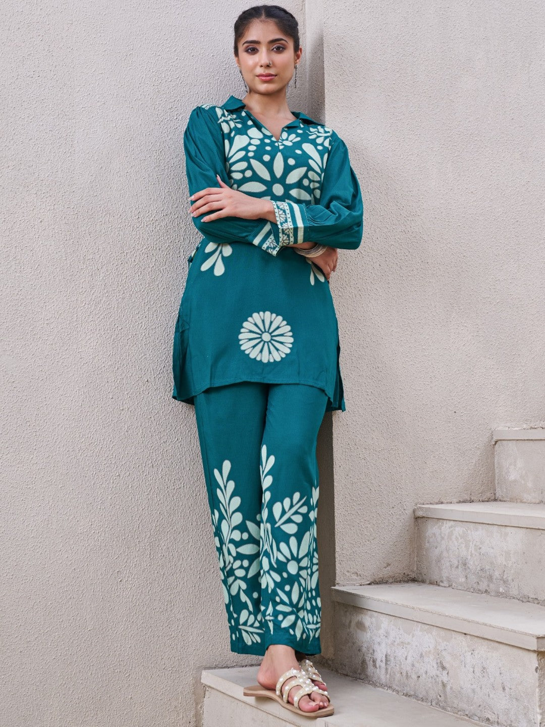 Kabool Teal printed cotton co-ord set-AL