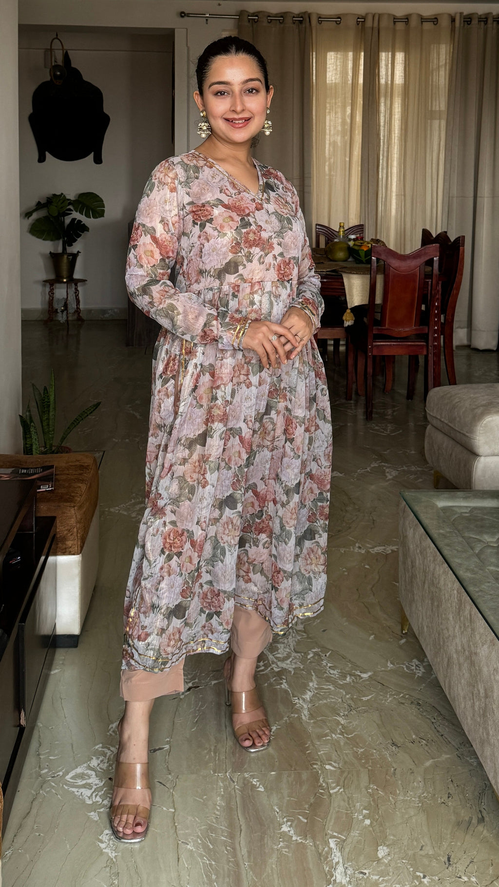 Women Floral Printed Pleated Gotta Patti Kurta with Trousers-AH