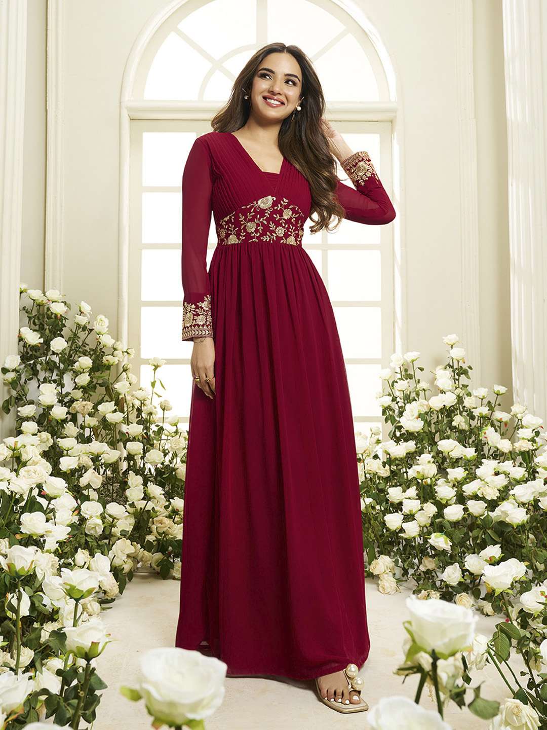 Floral Zari and Sequinned Embroidered Pleated A-Line Ethnic Dress