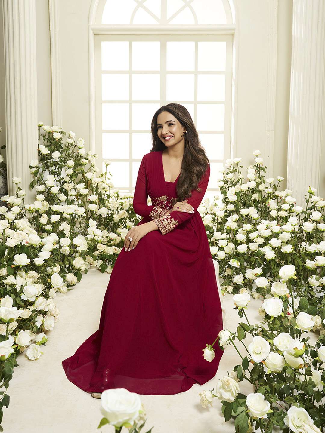 Floral Zari and Sequinned Embroidered Pleated A-Line Ethnic Dress