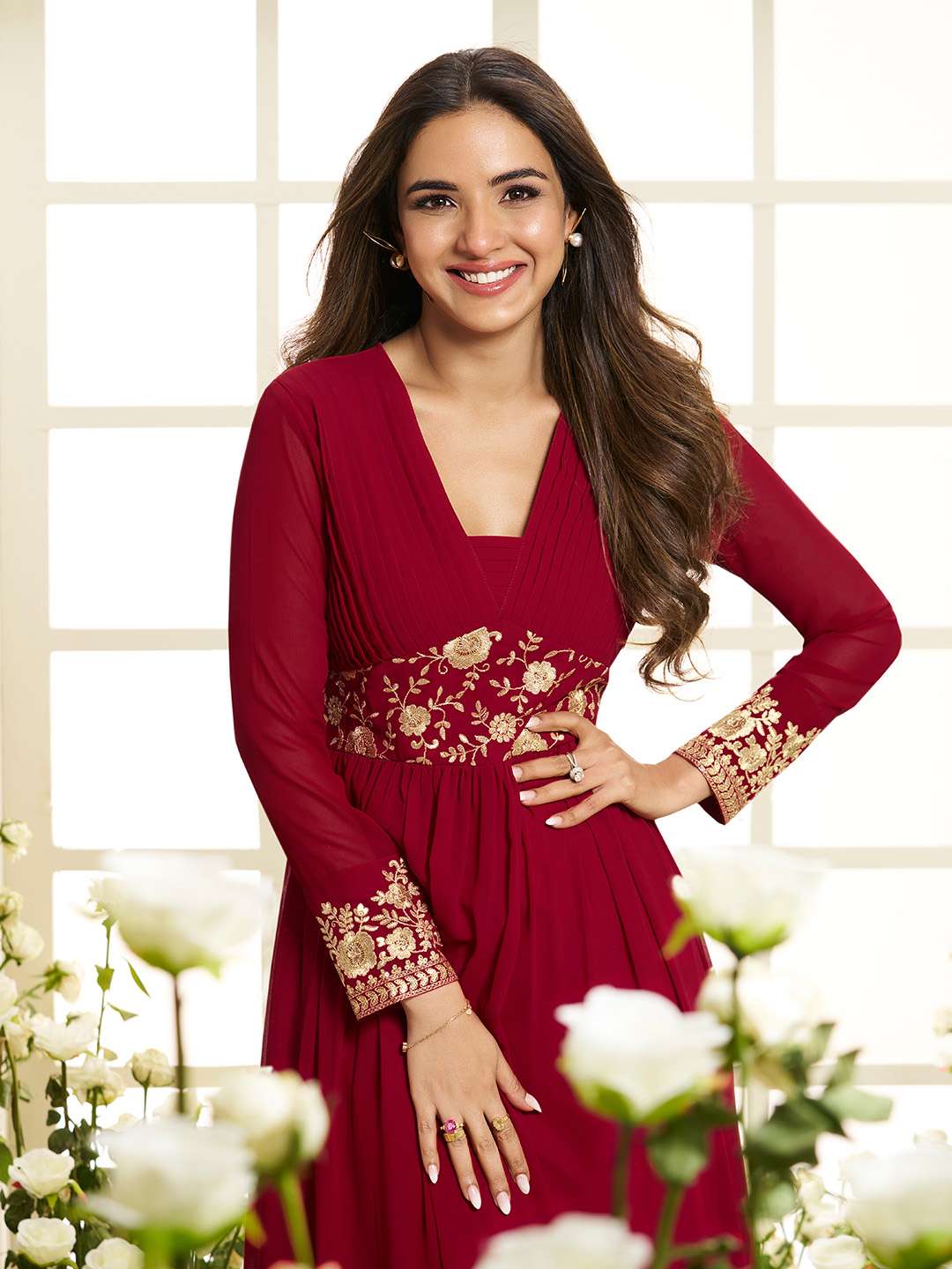 Floral Zari and Sequinned Embroidered Pleated A-Line Ethnic Dress