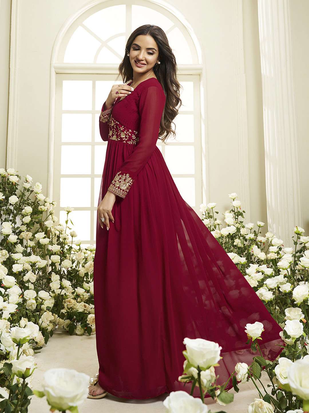 Floral Zari and Sequinned Embroidered Pleated A-Line Ethnic Dress