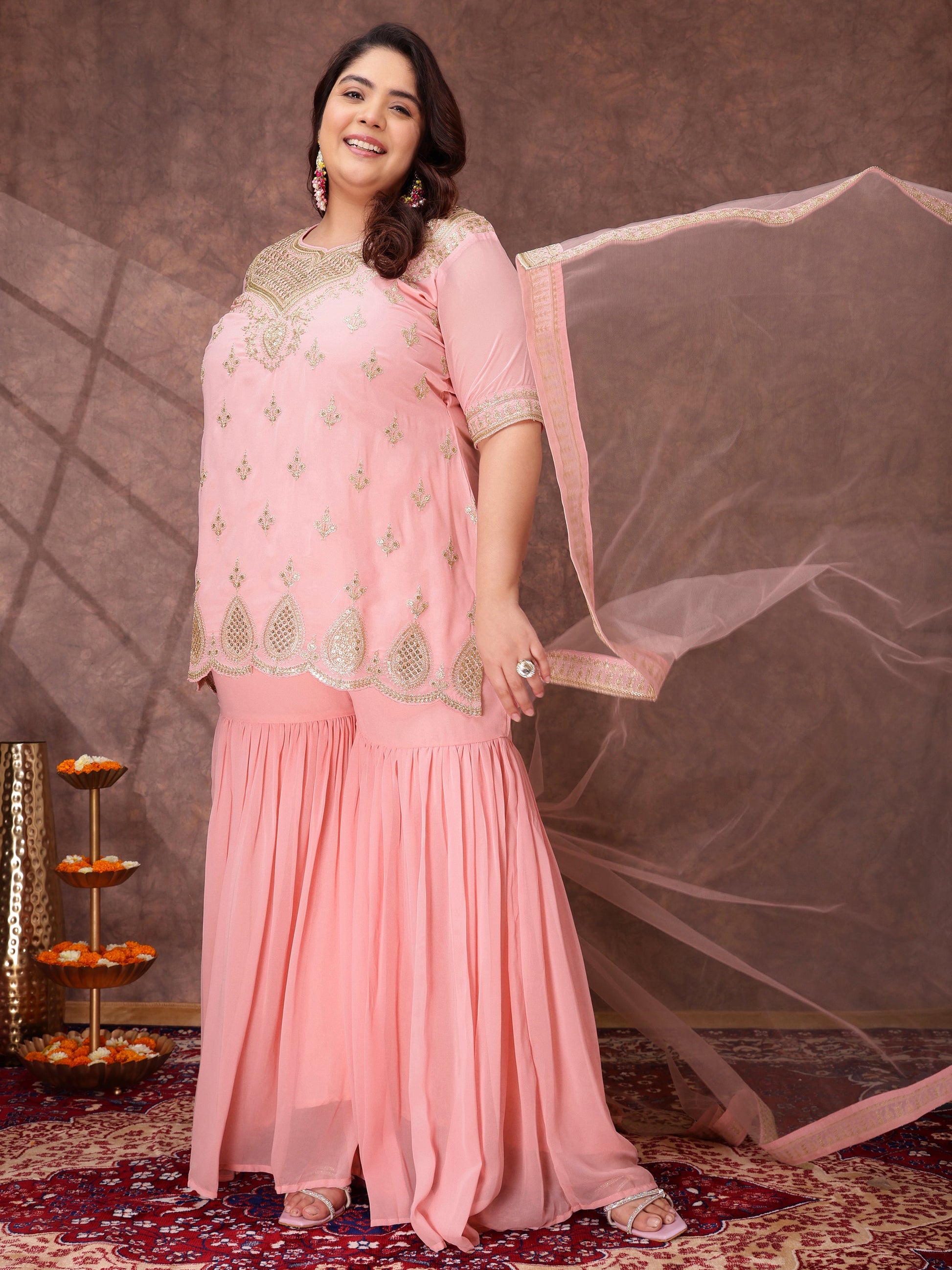 Women Ethnic Motifs Embroidered Regular Kurta & Sharara With Dupatta - ID