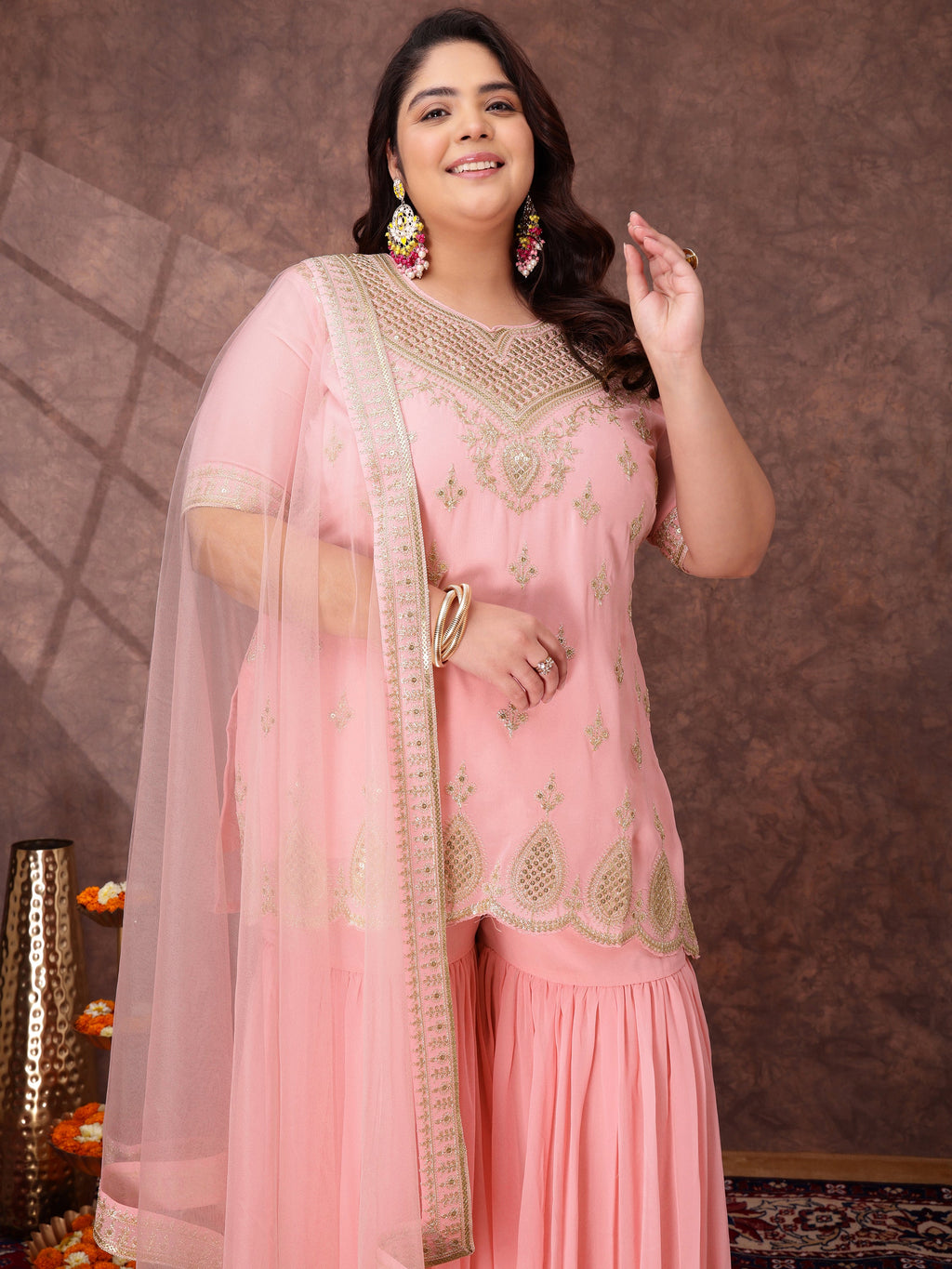 Women Ethnic Motifs Embroidered Regular Kurta & Sharara With Dupatta - ID