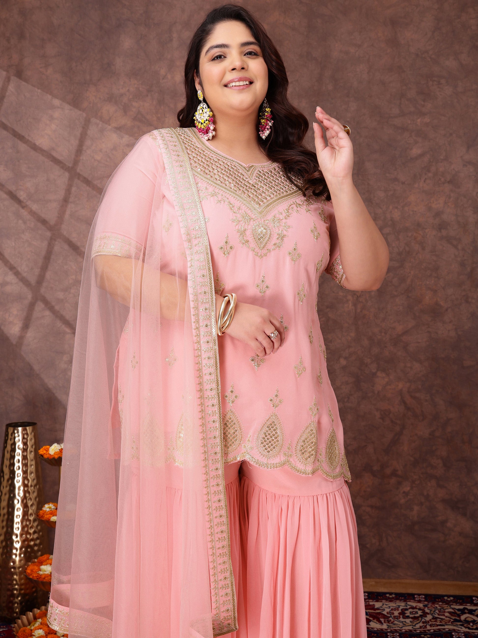 Women Ethnic Motifs Embroidered Regular Kurta & Sharara With Dupatta - ID