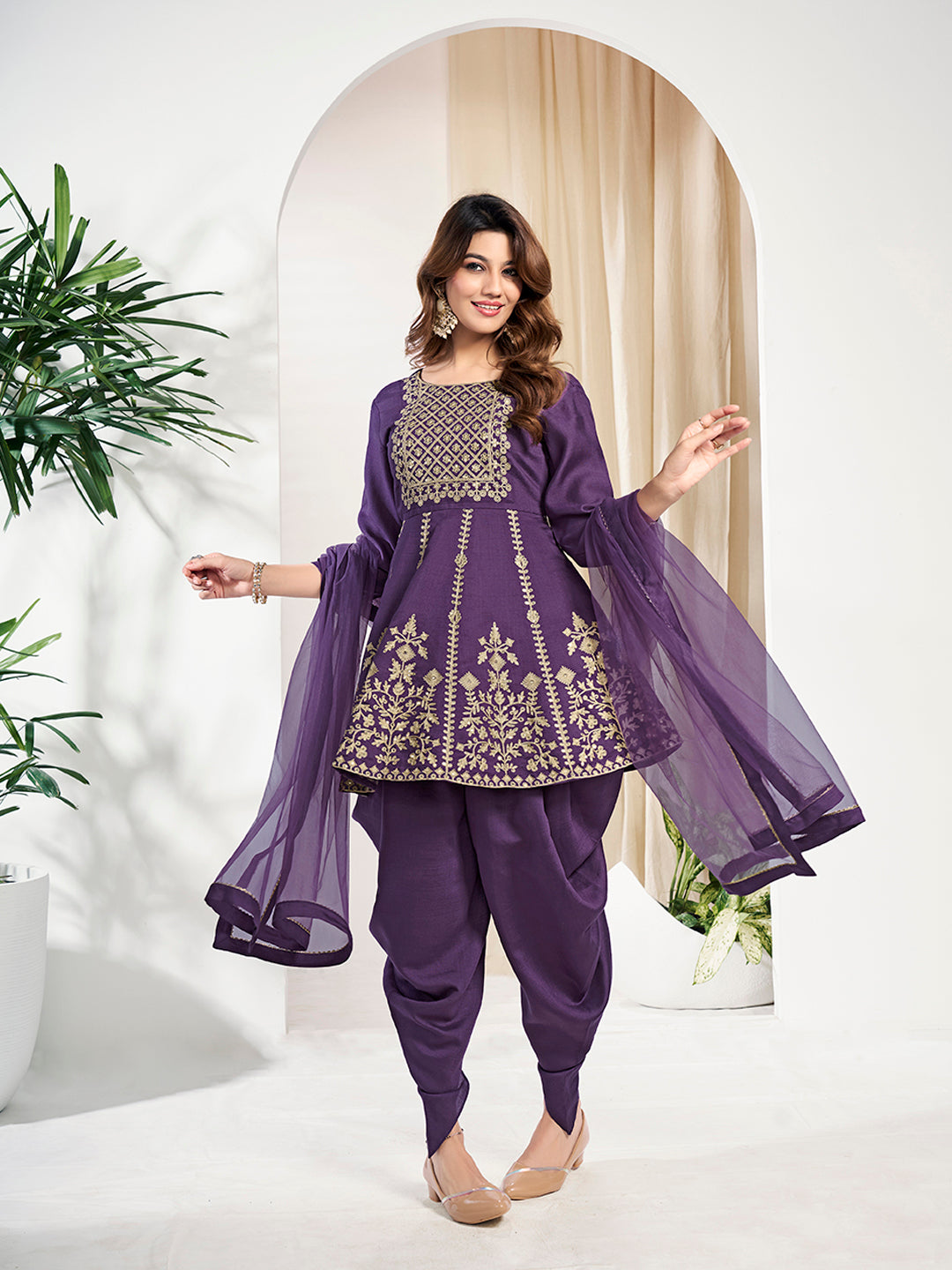 Women Ethnic Motifs Yoke Design Empire Thread Work Kurta with Dhoti Pants & With Dupatta