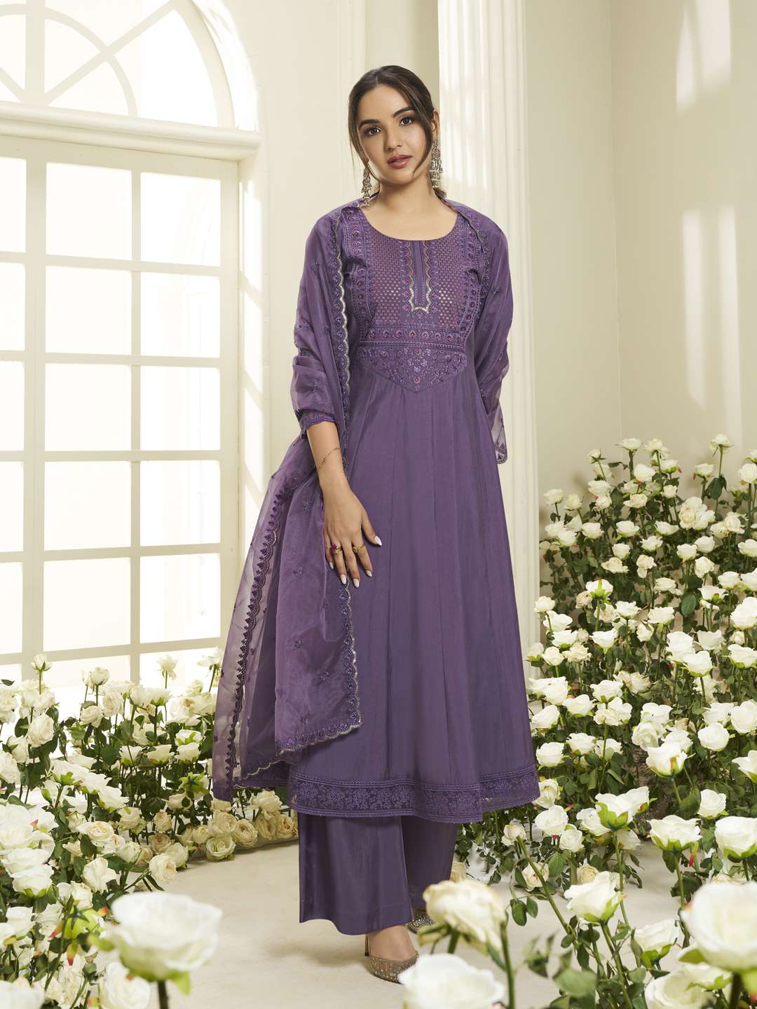 Floral Yoke Design Round Neck Sequinned Anarkali Kurta With Palazzos & Dupatta